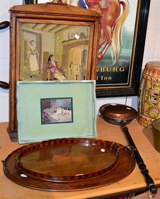 Lot 1065 - Two Victorian mahogany inlaid twin handled oval trays, another green painted tray, and a wool...