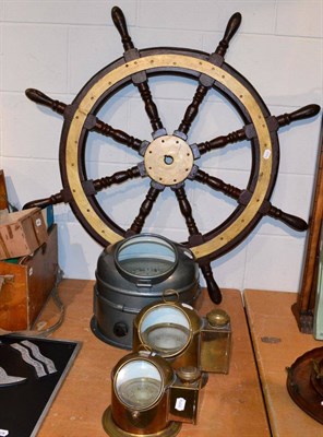 Lot 1066 - A Heath & Co large grey enamelled binnacle compass; two brass binnacle compasses and a ships...