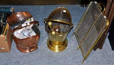 Lot 1081 - A pair of brass fire irons; a coal bucket; a spark guard; and a copper coal scuttle