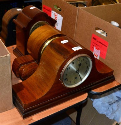 Lot 1086 - An inlaid mahogany striking mantle timepiece together with three other examples (4)