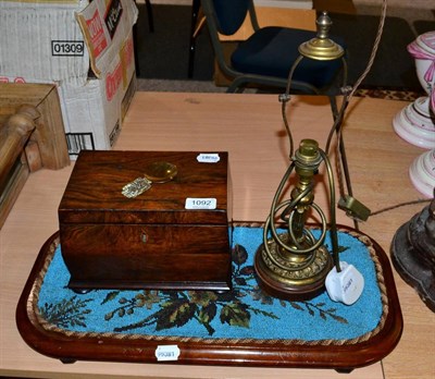 Lot 1092 - A bead work teapot stand; a Victorian two division rosewood tea caddy; and a table lamp