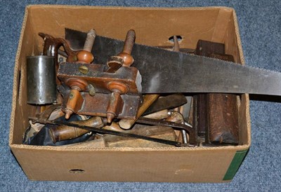 Lot 1094 - Various woodworking tools including Sorby chisels, an Atkins saw, axe, drill bits, hammers and...