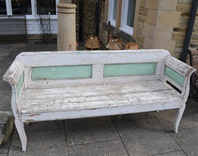 Lot 1096 - A painted pine garden bench and two chimney pots