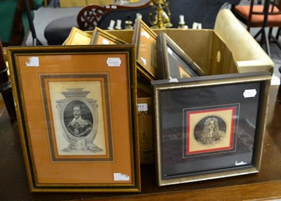 Lot 1111 - Six framed portrait engravings; two Charles II, one Charles I, one Cromwell, and two James II;...