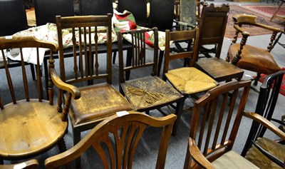 Lot 1123 - A 19th century elm corner smokers chair, together with five various other 19th century and...