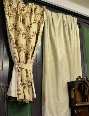 Lot 1127 - A pair of curtains embroidered with strawberries, together with a pair of pale blue curtains;...