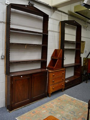 Lot 1134 - Two large mahogany and stained pine open bookcases, a three height chest of drawers, a fire...