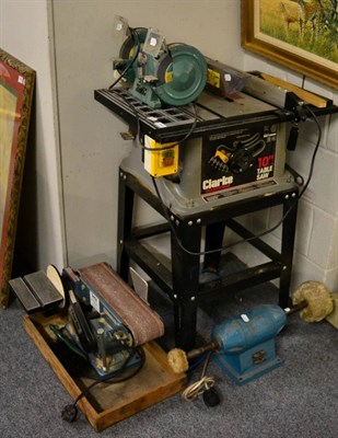 Lot 1140 - A Clarke Woodworker 10"; table saw, a work top mounted belt sander, grinder and buffer (4)