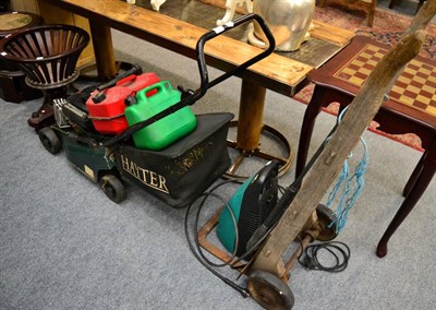 Lot 1151 - A Hayter petrol lawn mower, a Bosch pressure washer and a vintage railway porters barrow