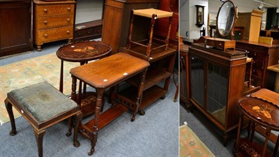 Lot 1174 - A group of furniture comprising a mahogany display cabinet, an oak lead glazed bookcase, an...