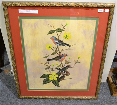 Lot 1185 - Jorge Mayol, Birds on a branch, signed, gouache on silk