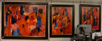 Lot 1208 - Three multicoloured contemporary abstract oil on canvas, signed Burns; and a print depicting...