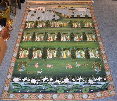 Lot 1209 - An Indian wall hanging, painted with a procession of female water carriers in a garden setting