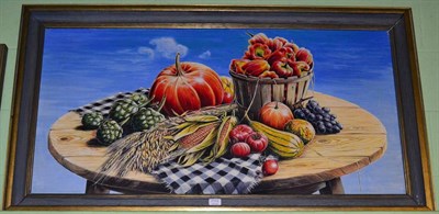 Lot 1215 - Stuart Armfield (1916-2000) Still life of artichokes, gourds, corn cobs, black grapes and red...