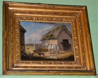 Lot 1218 - An oil and canvas depicting farmyard scene with a figure, a dog and two horses, late 19th...