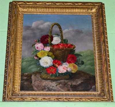 Lot 1219 - English School (19th century) still life, basket of flowers, indistinctly signed and dated...