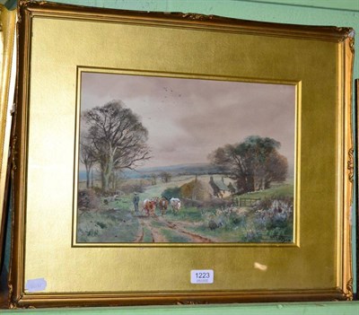 Lot 1223 - Henry Charles Fox, Country landscape with a figure and cattle before a cottage, watercolour, signed