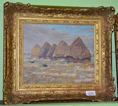 Lot 1230 - French School (Late 19th/Early 20th Century) Haystacks, indistinctly signed, oil on board