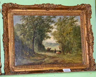 Lot 1231 - Circle of Alfred Vickers (1786-1868) Wooded landscape with a horse, cart and figures, signed,...