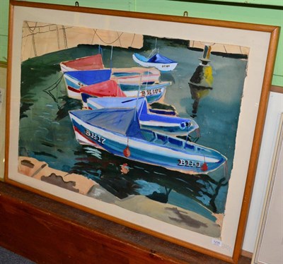 Lot 1235 - Robert Soden (b.1955) Boats in a harbour, signed, mixed media, 70cm by 99cm