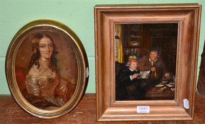 Lot 1241 - Portrait of a lady, half length, oval, oil on board; and The Money Lender, oil on panel (2)