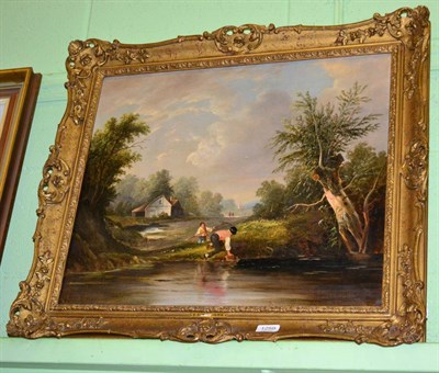 Lot 1259 - E C Williams (19th century), Lake and cottage with figures collecting water, oil on canvas, 49cm by