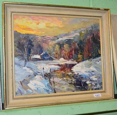 Lot 1267 - Valter Berzins (1925 - 2009) Cottage in a snowy river landscape, signed, oil on board