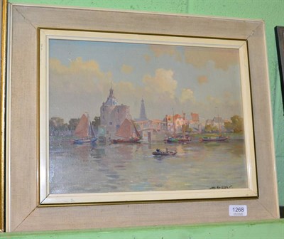 Lot 1268 - Jan Knikker (1911-1990)  Figure in a rowing boat in Dutch canal, signed, oil on canvas