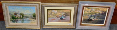 Lot 1275 - M J Fowler (Contemporary) ";Cobbles Moored in the Beck (Staithes)"; signed, oil on board,...