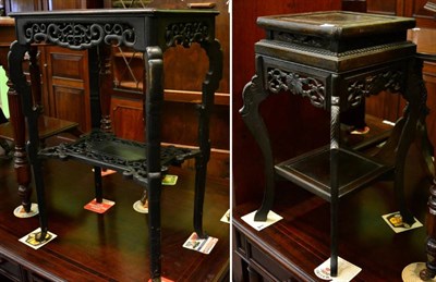 Lot 1303 - A Chinese carved side table with inset marble top; and a jardiniere stand