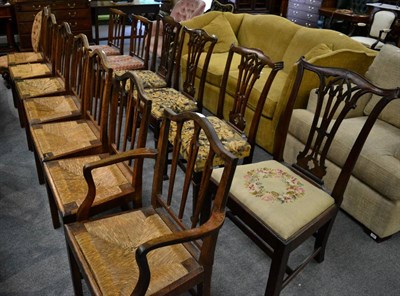 Lot 1361 - Seven rush seated oak dining chairs; four George III style mahogany dining chairs; and two...