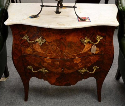 Lot 1373 - A 19th century French marquetry burr walnut two drawer commode with marble top