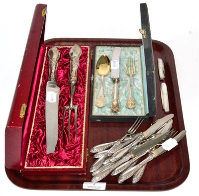 Lot 7 - Silver comprising Continental cased Christening cutlery set; a cased pair of silver handled...