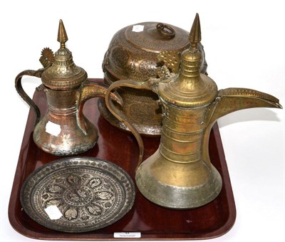 Lot 8 - Bidri ware circular tray and three Indo-Persian brass items (4)