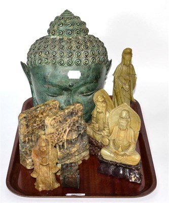 Lot 9 - Two pairs of soapstone figures; another two, single examples and a bronze head of Buddha