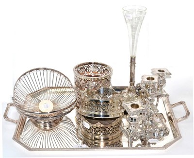Lot 14 - Silver plated wares comprising a twin handled tray; two pairs of coasters; a bread basket;...