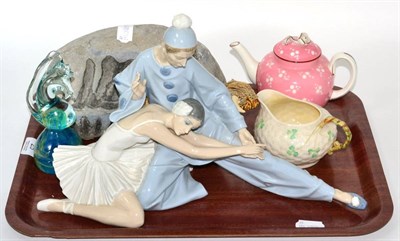Lot 25 - A Lladro figure group of a clown and ballet dancer, a Royal Worcester teapot, a Belleek cream...