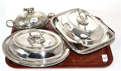 Lot 32 - A Maple & Co silver plated entree dish and cover with three others (4)