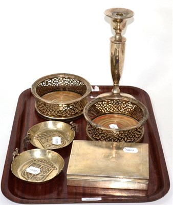 Lot 33 - A silver cigarette box, plated bottle coasters, silver converted candlestick and two white...