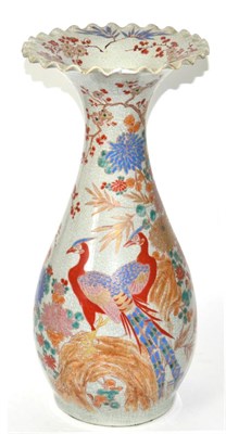 Lot 49 - A Japanese crackle glaze vase, decorated overglaze with birds and foliage in landscape,...