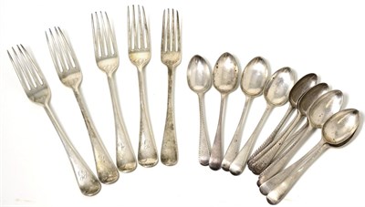 Lot 57 - A set of four silver forks, Sheffield 1903 James Dixon & Sons; another silver fork; a set of...