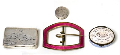 Lot 72 - A silver and pink enamel buckle, Deakin & Francis, Birmingham 1910; a George III patch box,...