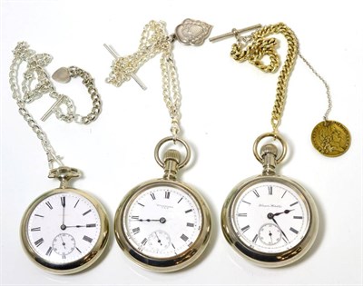Lot 118 - Three plated Open Faced keyless pocket watches, Hampden Watch Co, New York Standard Watch Co...