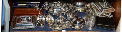 Lot 148 - A quantity of silver plate including entree dishes, oak cased fish eaters, candelabra, etc