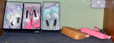 Lot 158 - Two pairs of Patrick Cox leather open toe heeled mules, in pink and pale blue, with cut out...