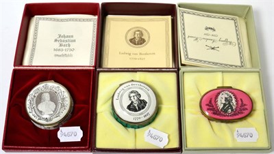 Lot 183 - Three Halcyon Days enamel boxes ";Great Composers";, all boxed with certificates, limited editions