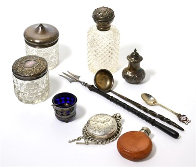 Lot 188 - A silver plated pocket watch and a chain together with silver topped scent bottles etc