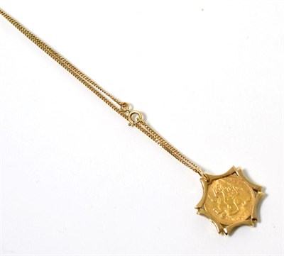 Lot 204 - A Victorian 1893 half sovereign, loose mount in a 9 carat gold hexagonal frame, as a pendant,...