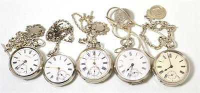 Lot 210 - Two silver open faced pocket watches, signed Waltham and Page,Keen & Page, Plymouth and three other