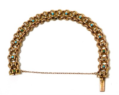 Lot 212 - A Victorian turquoise and seed pearl bracelet, banded oval links each set with alternating...